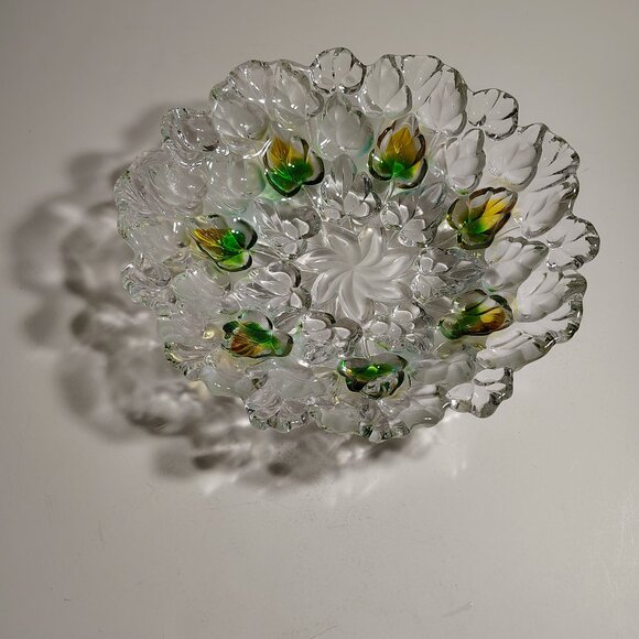 Studio Nova frosted art glass bowl with a green and amber leaf motif - Picture 4 of 8